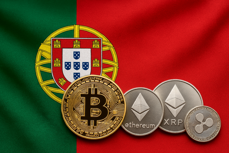Moedas e gráficos de criptoativos sobre uma secretária